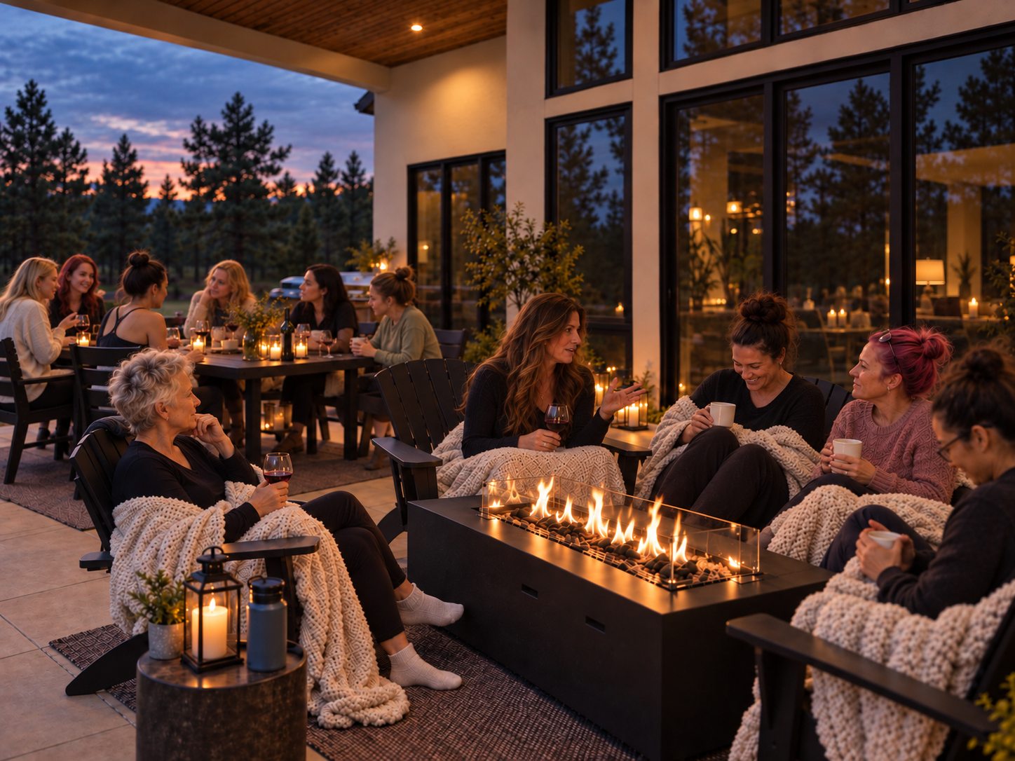 Women gathered in warm conversation around a fire at the retreat